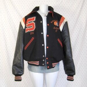 vintage y2k black orange varsity letterman jacket — S